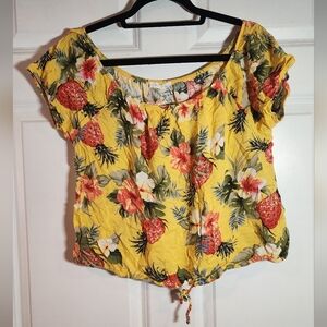 Per Say Yellow Tropical Floral Tied Hem Short Sleeve Blouse XL